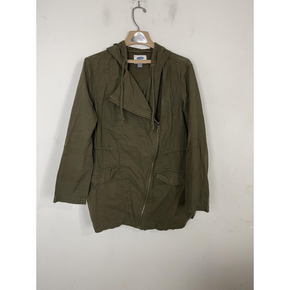 Old Navy Womens Spring Parka Jacket Olive Green Moto Zip Hooded Cotton Large